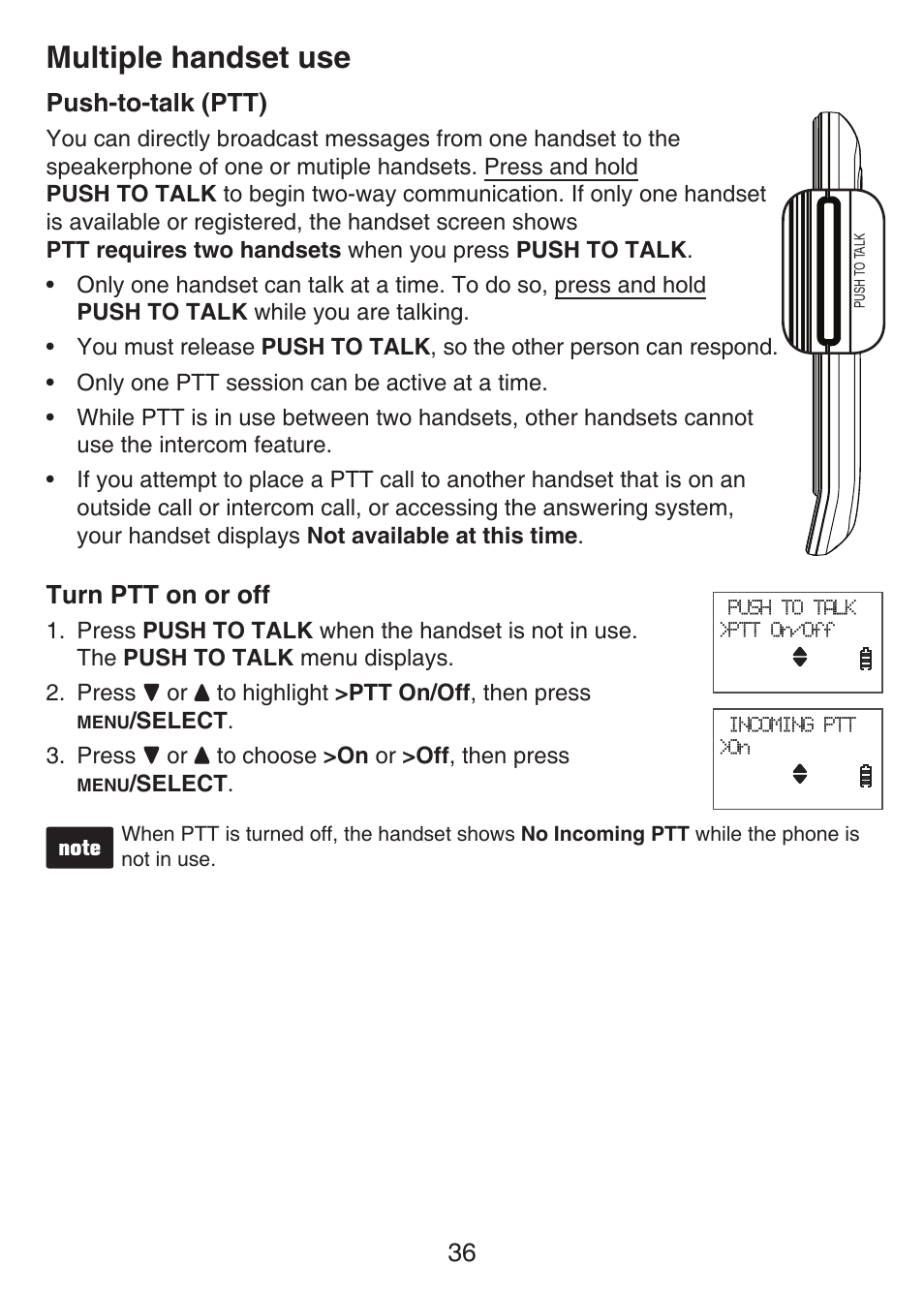 Push-to-talk (ptt), Turn ptt on or off, Push-to-talk (ptt) turn ptt on or off | Multiple handset use | VTech LS6476-4 Manual User Manual | Page 40 / 97