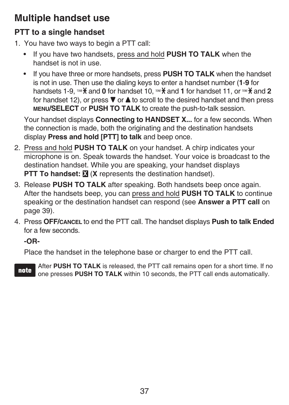 Ptt to a single handset, Multiple handset use | VTech LS6476-4 Manual User Manual | Page 41 / 97