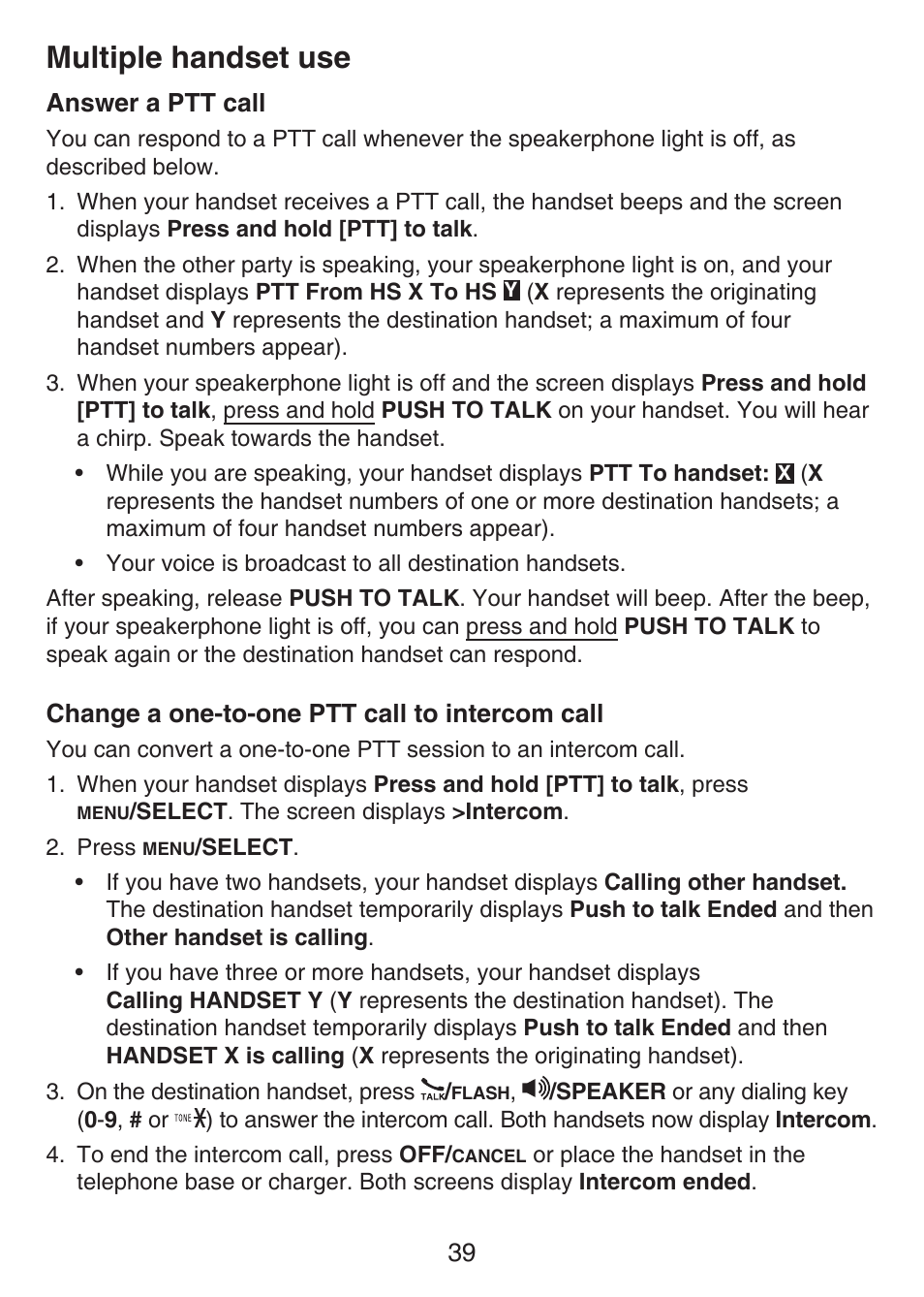 Answer a ptt call, Change a one-to-one ptt call to intercom call, Answer a ptt call change a one-to-one ptt call to | Intercom call, Multiple handset use | VTech LS6476-4 Manual User Manual | Page 43 / 97