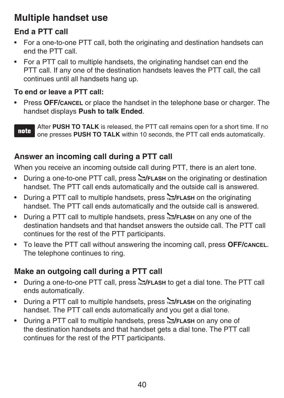 End a ptt call, Answer an incoming call during a ptt call, Make an outgoing call during a ptt call | End a ptt call answer an incoming call during, A ptt call, Make an outgoing call during, Multiple handset use | VTech LS6476-4 Manual User Manual | Page 44 / 97