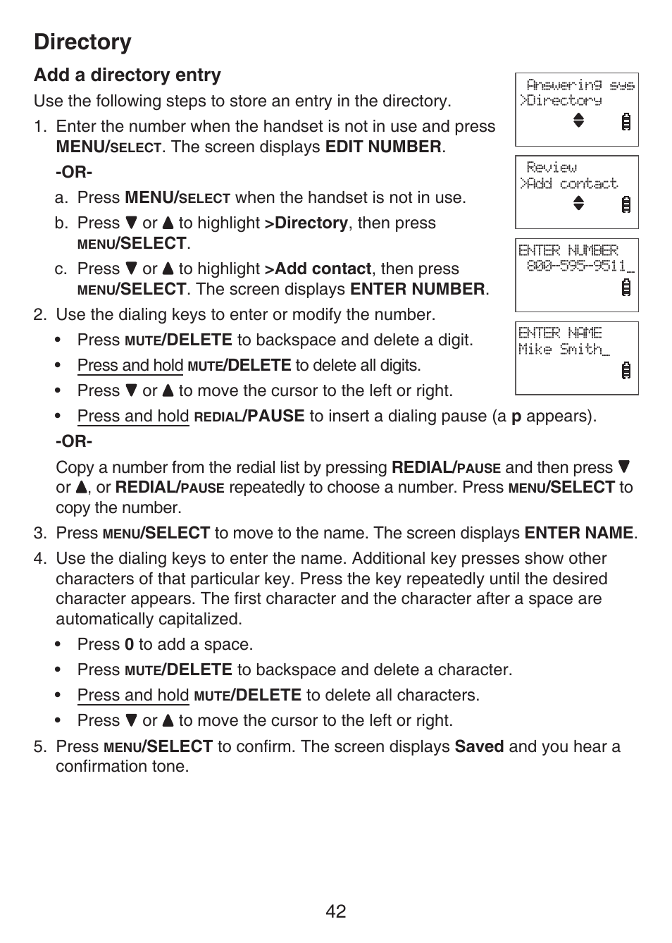 Add a directory entry, Directory | VTech LS6476-4 Manual User Manual | Page 46 / 97