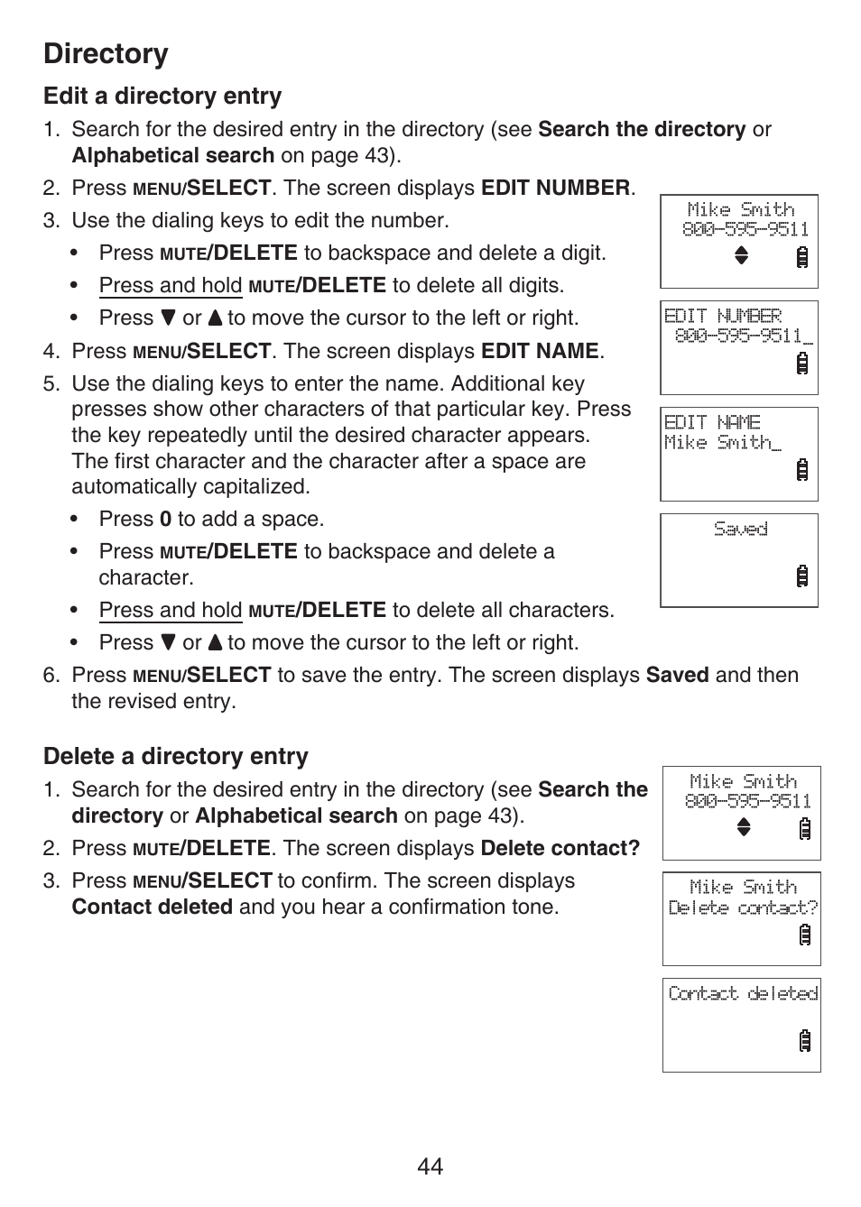 Edit a directory entry, Delete a directory entry, Directory | VTech LS6476-4 Manual User Manual | Page 48 / 97