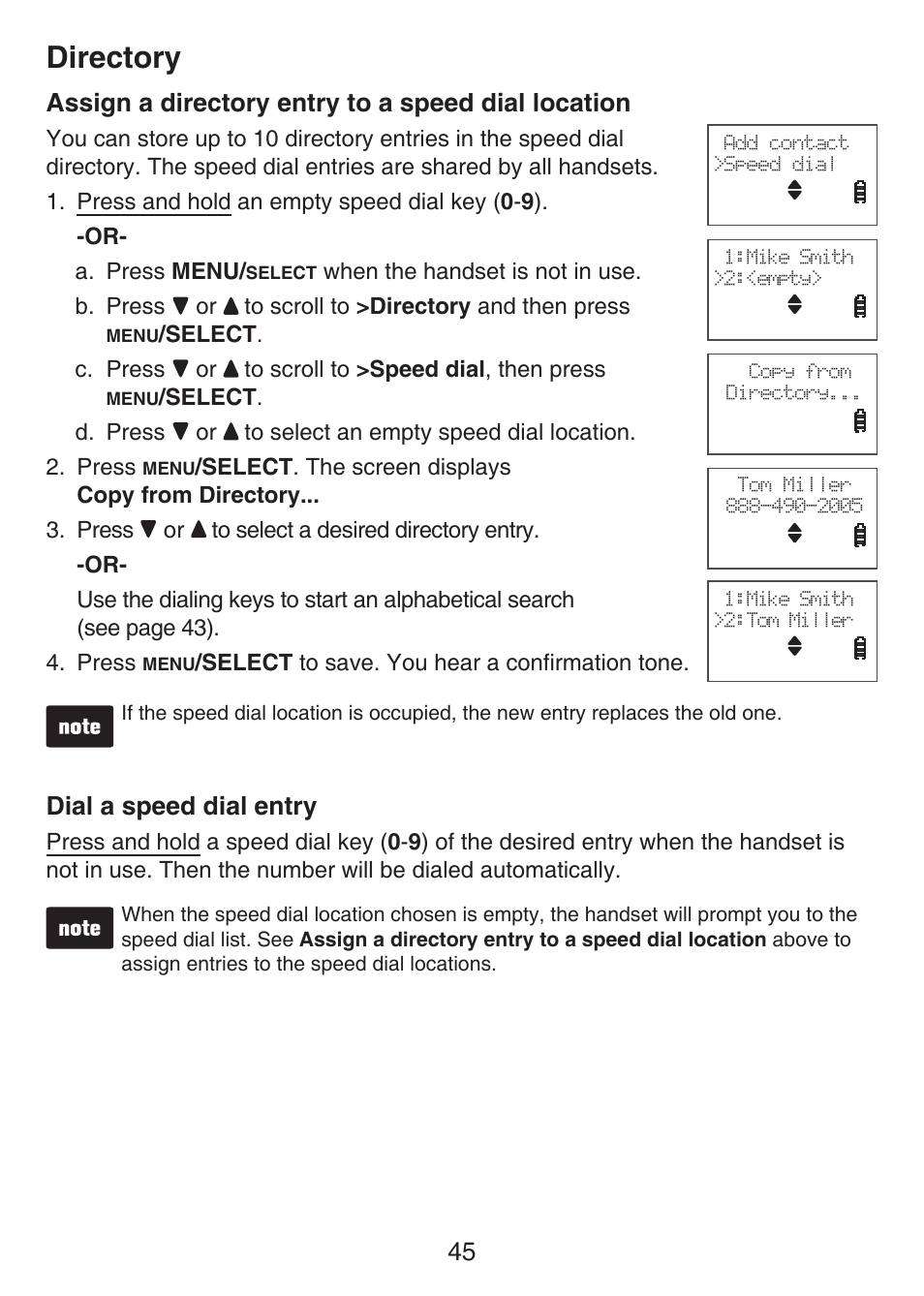 Assign a directory entry to a speed dial location, Dial a speed dial entry, Assign a directory entry to a | Speed dial location, Directory | VTech LS6476-4 Manual User Manual | Page 49 / 97