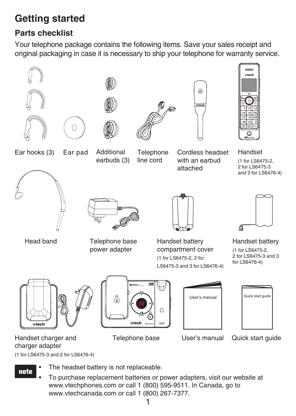 Parts checklist, Getting started, Getting started parts checklist | 1parts checklist | VTech LS6476-4 Manual User Manual | Page 5 / 97