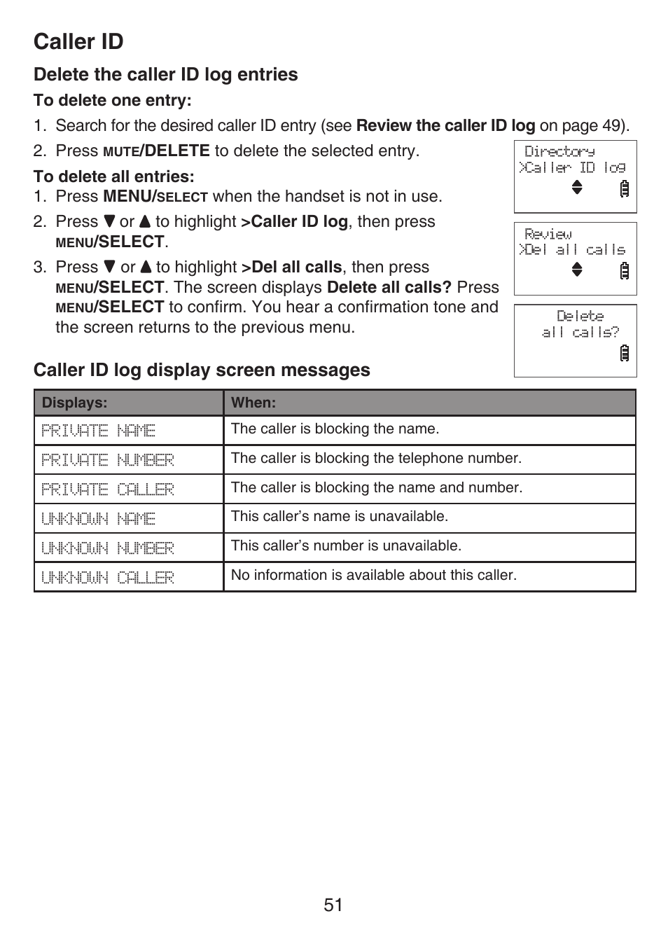 Delete the caller id log entries, Caller id log display screen messages, Screen messages | Caller id, 51 delete the caller id log entries | VTech LS6476-4 Manual User Manual | Page 55 / 97