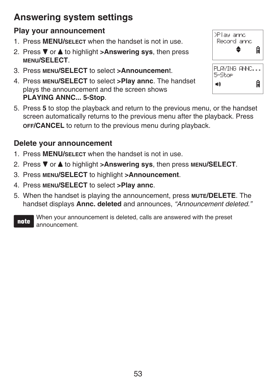 Play your announcement, Delete your announcement, Play your announcement delete your announcement | Answering system settings | VTech LS6476-4 Manual User Manual | Page 57 / 97