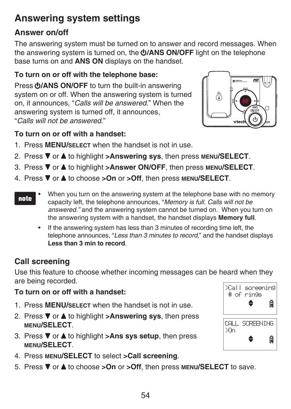 Answer on/off, Call screening, Answer on/off call screening | Answering system settings | VTech LS6476-4 Manual User Manual | Page 58 / 97