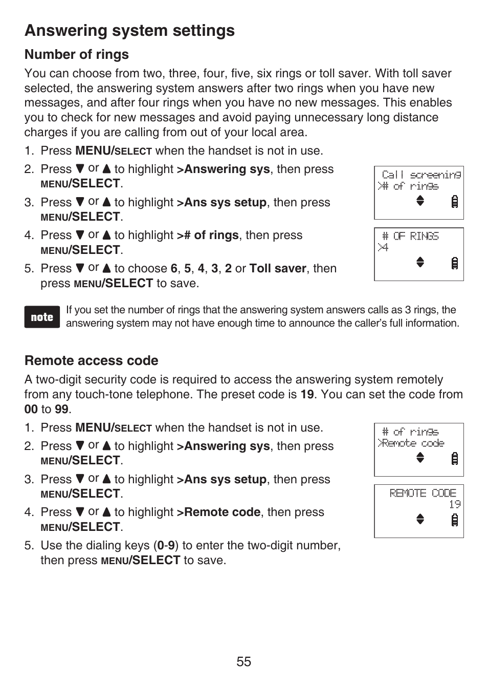 Number of rings, Remote access code, Number of rings remote access code | Answering system settings | VTech LS6476-4 Manual User Manual | Page 59 / 97
