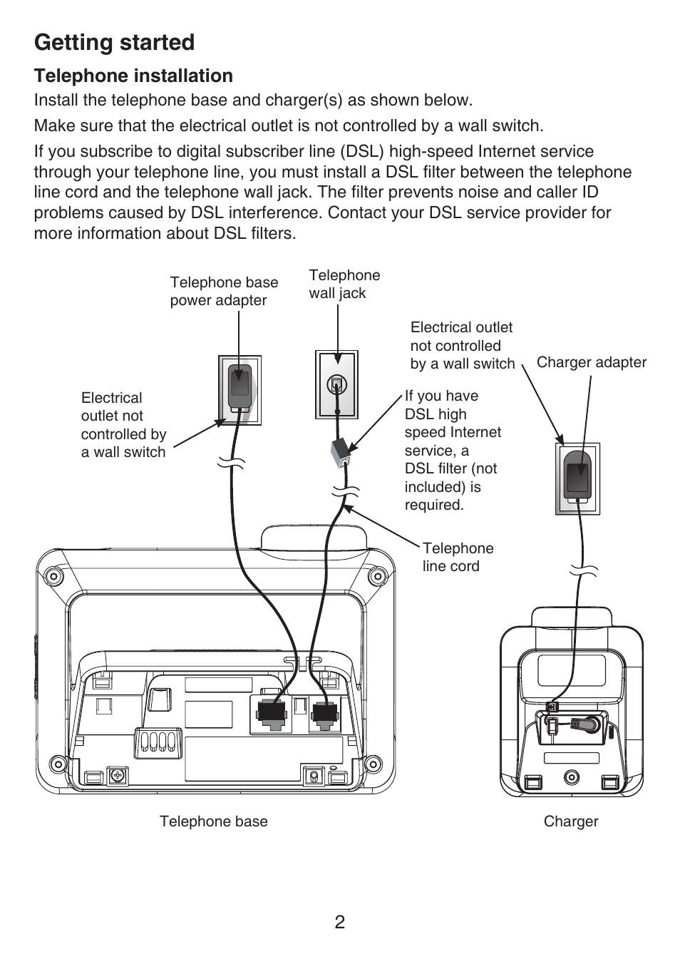 Telephone installation, Getting started, 2telephone installation | VTech LS6476-4 Manual User Manual | Page 6 / 97