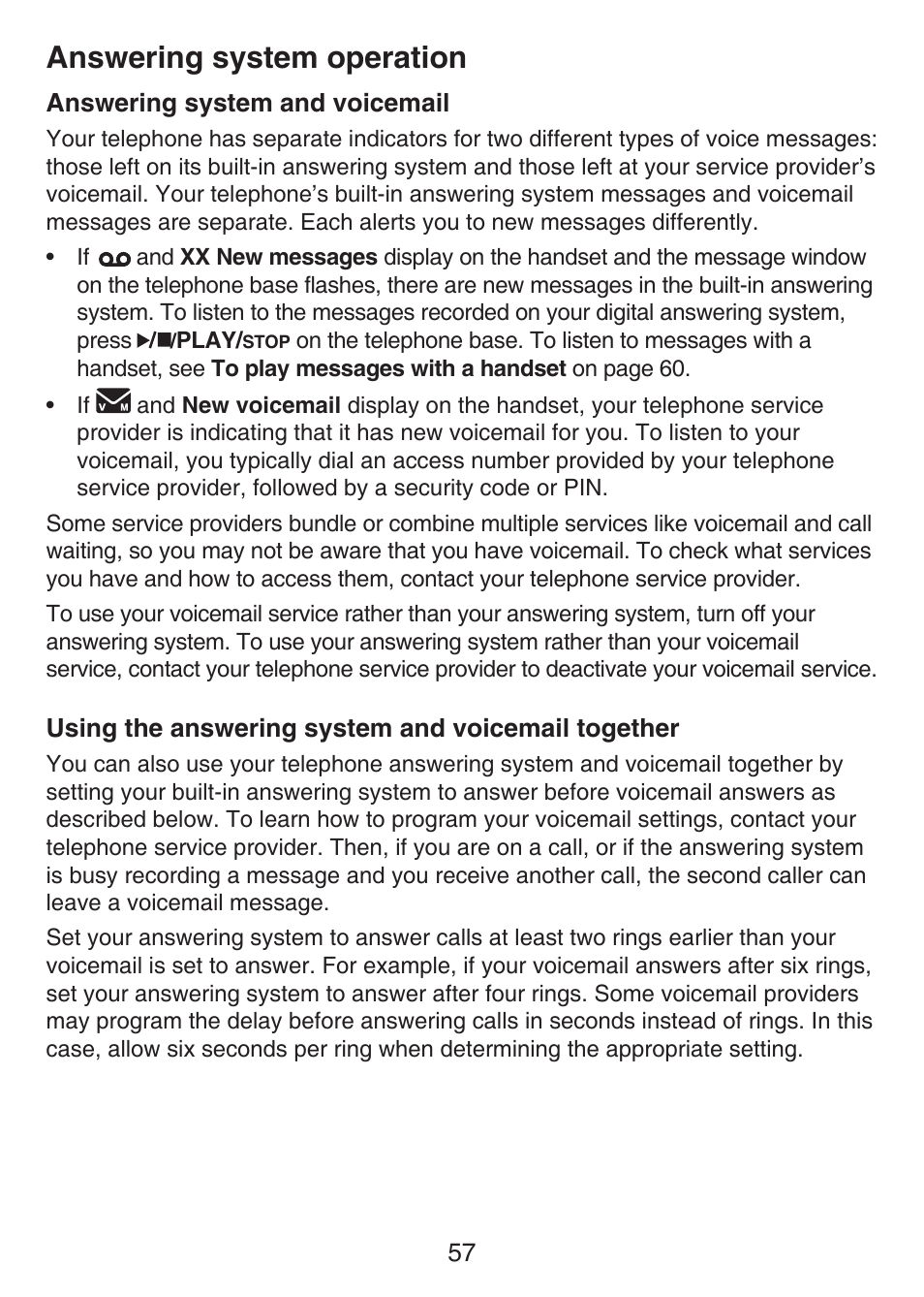 Answering system operation, Answering system and voicemail, Using the answering system and voicemail together | Using the answering system and, Voicemail together | VTech LS6476-4 Manual User Manual | Page 61 / 97