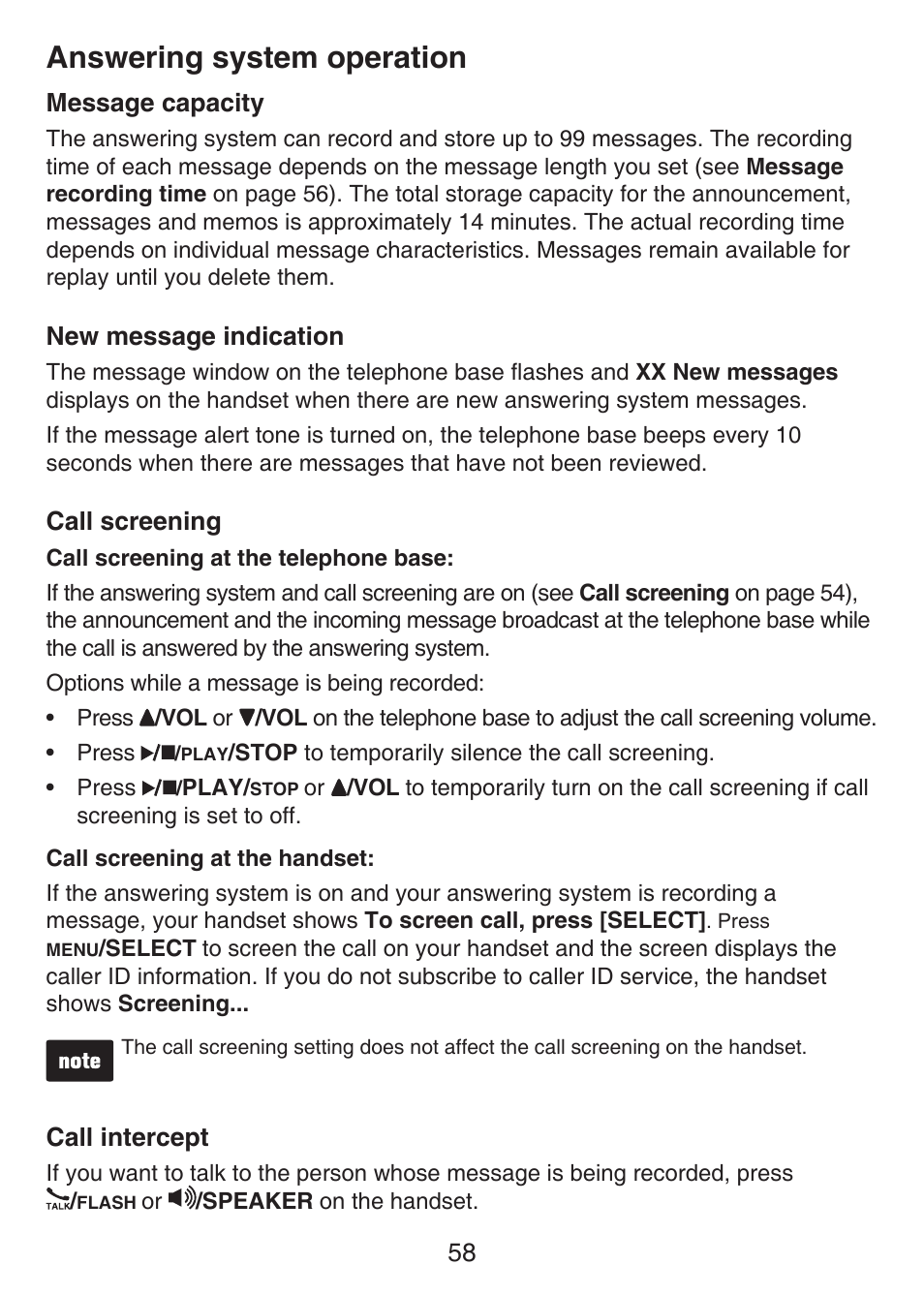 Message capacity, New message indication, Call screening | Call intercept, Answering system operation | VTech LS6476-4 Manual User Manual | Page 62 / 97