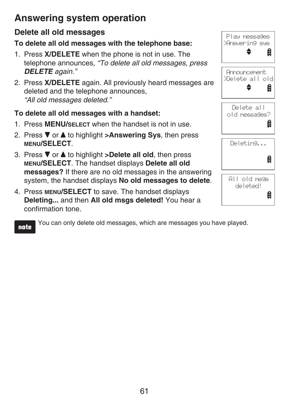 Delete all old messages, Answering system operation | VTech LS6476-4 Manual User Manual | Page 65 / 97