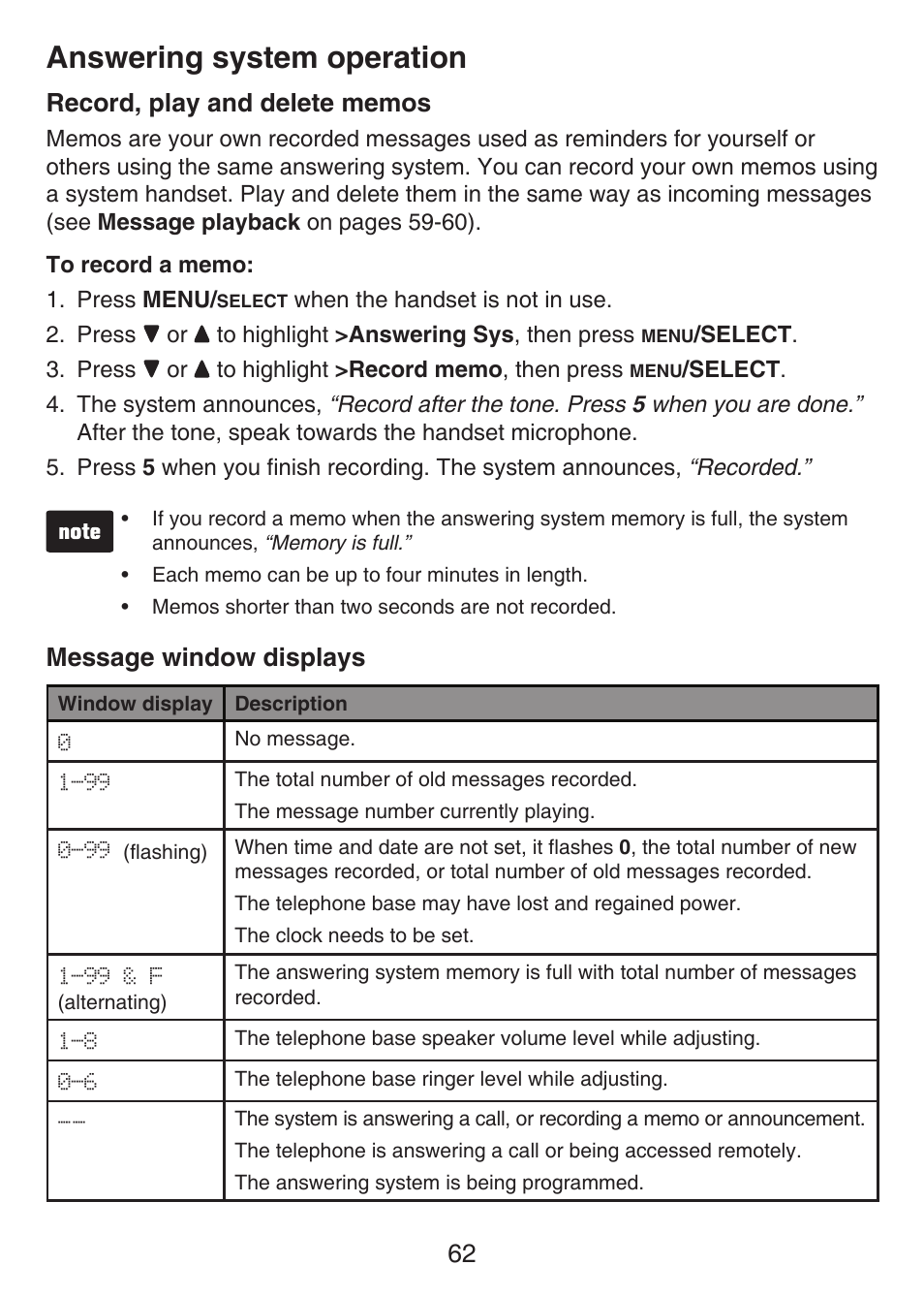 Record, play and delete memos, Message window displays, Answering system operation | VTech LS6476-4 Manual User Manual | Page 66 / 97
