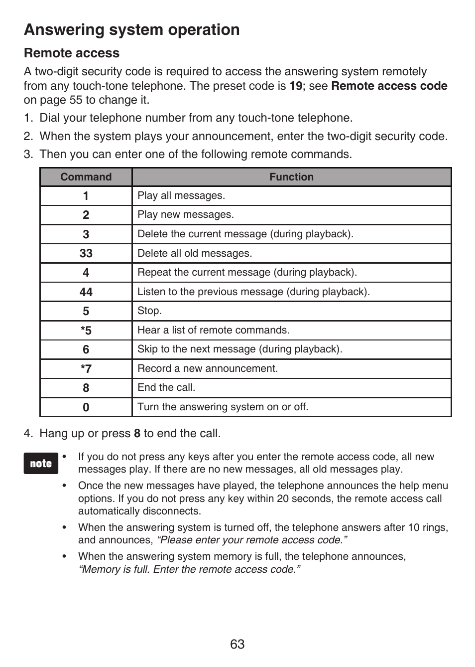 Remote access, Answering system operation | VTech LS6476-4 Manual User Manual | Page 67 / 97