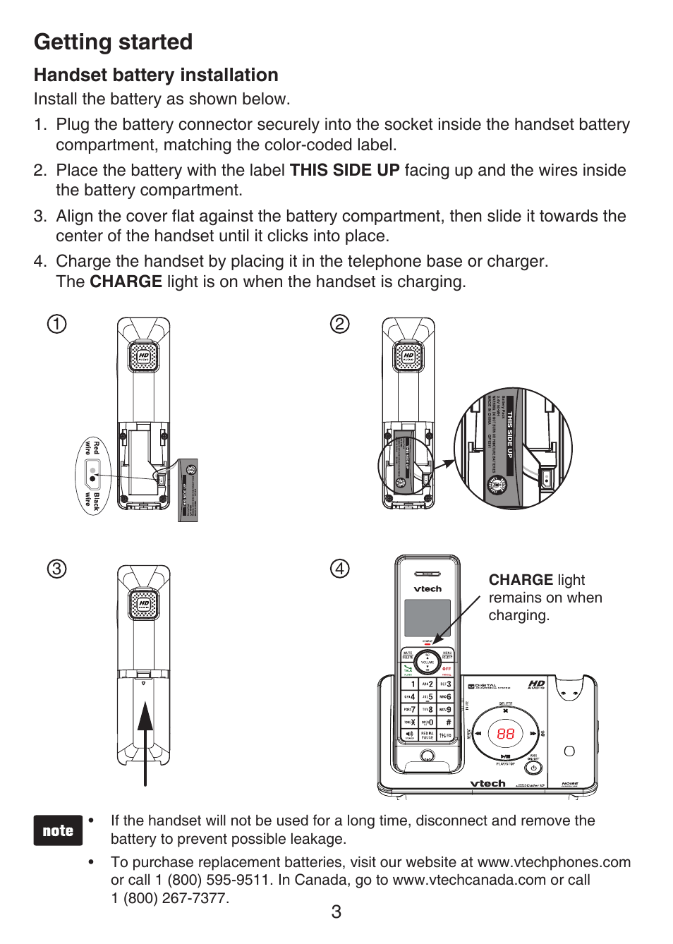 Battery installation, Handset battery installation, Getting started | VTech LS6476-4 Manual User Manual | Page 7 / 97