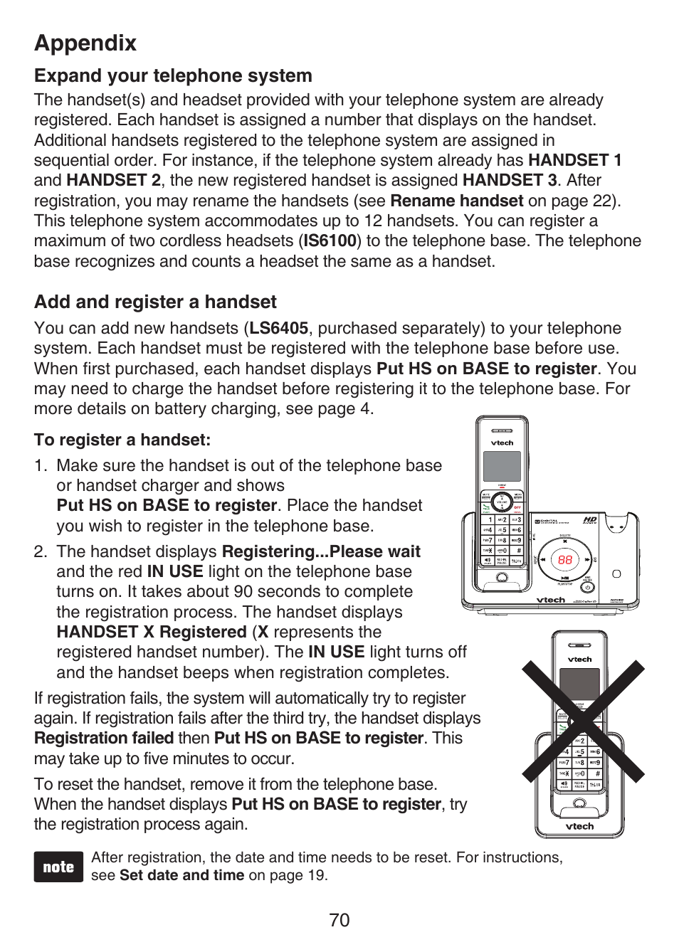 Expand your telephone system, Add and register a handset, Appendix | VTech LS6476-4 Manual User Manual | Page 74 / 97