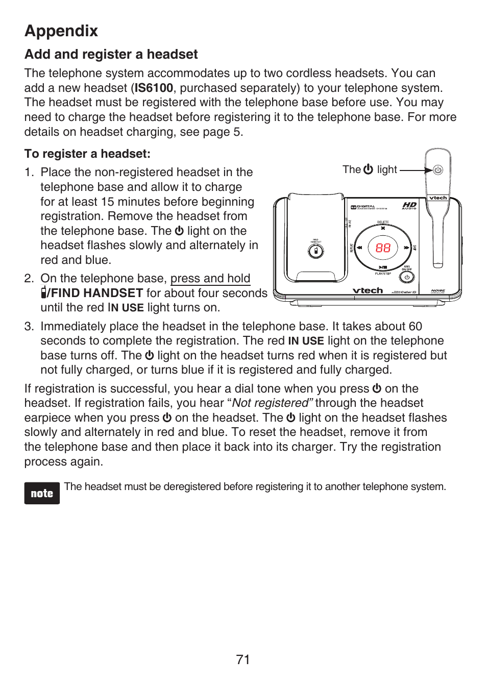 Add and register a headset, Appendix | VTech LS6476-4 Manual User Manual | Page 75 / 97