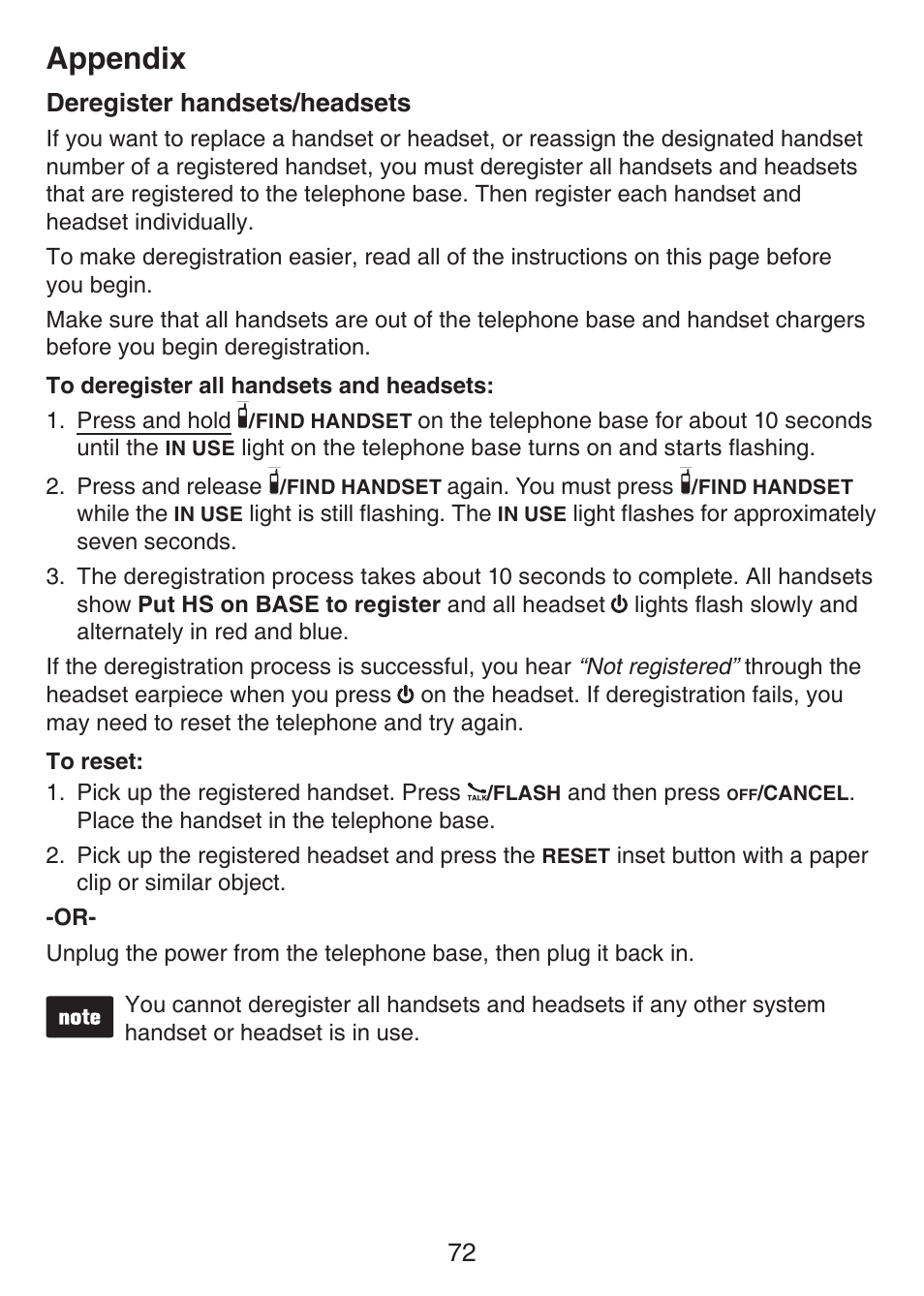 Deregister handsets/headsets, Appendix | VTech LS6476-4 Manual User Manual | Page 76 / 97