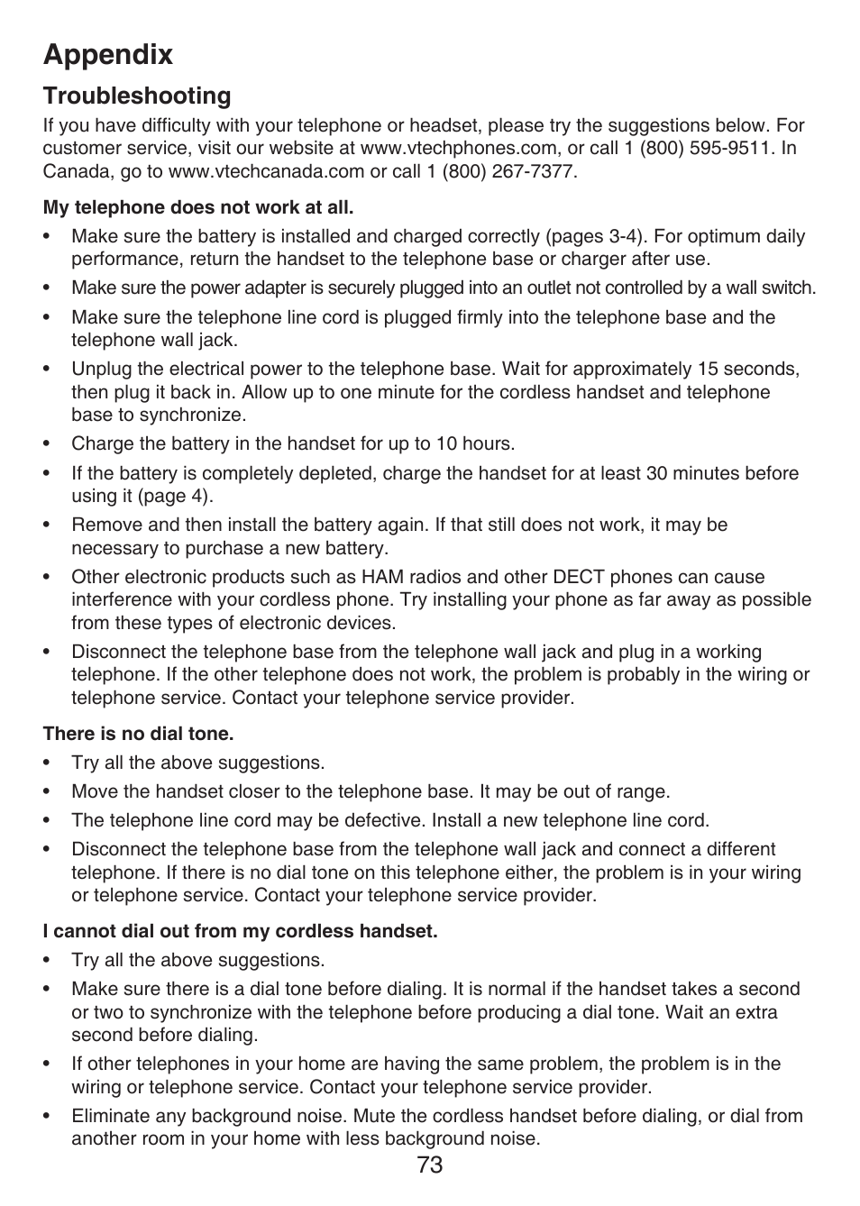 Troubleshooting, Appendix, 73 troubleshooting | VTech LS6476-4 Manual User Manual | Page 77 / 97
