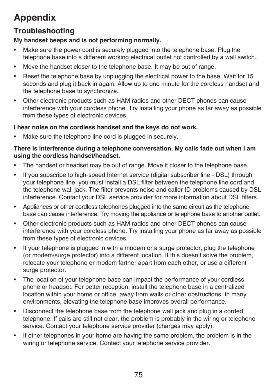 Appendix, 75 troubleshooting | VTech LS6476-4 Manual User Manual | Page 79 / 97