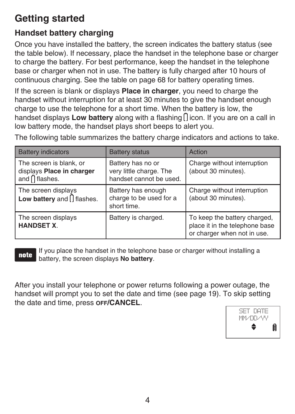 Handset battery charging, Getting started, 4handset battery charging | VTech LS6476-4 Manual User Manual | Page 8 / 97