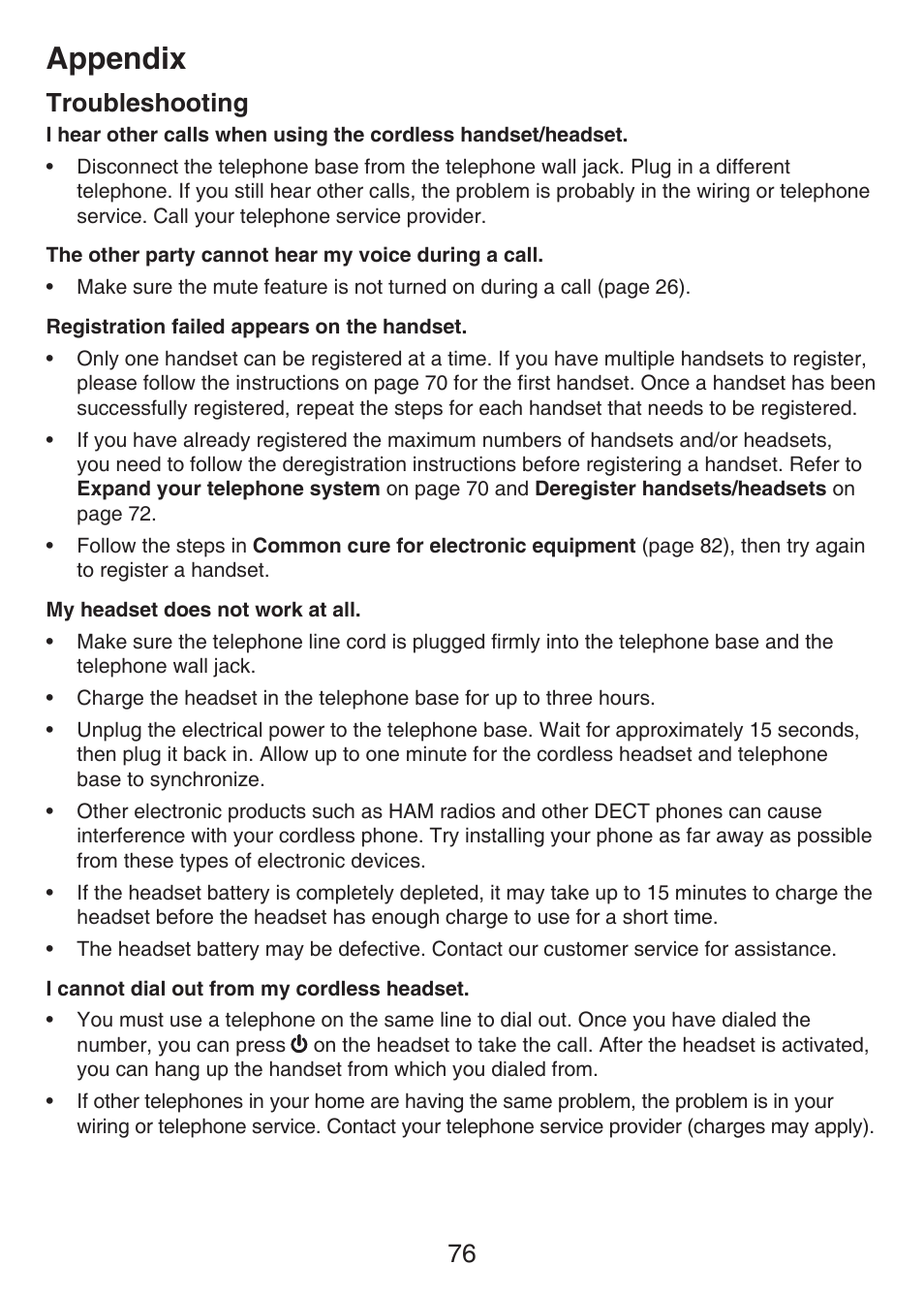 Appendix, Troubleshooting | VTech LS6476-4 Manual User Manual | Page 80 / 97