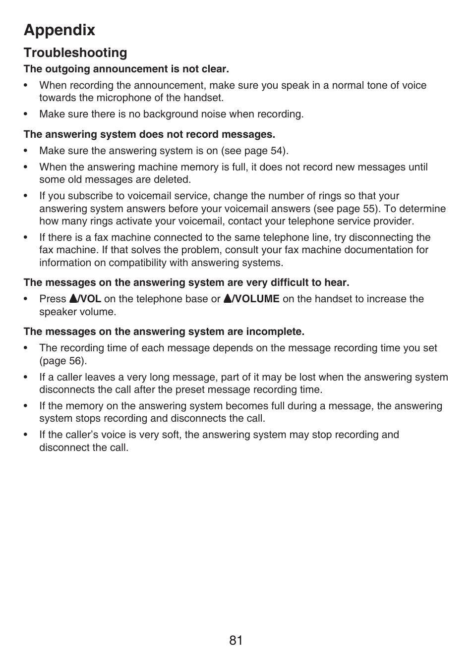 Appendix, 81 troubleshooting | VTech LS6476-4 Manual User Manual | Page 85 / 97