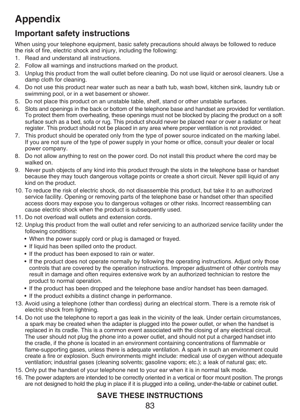 Important safety information, Important safety instructions, Appendix | 83 important safety instructions, Save these instructions | VTech LS6476-4 Manual User Manual | Page 87 / 97