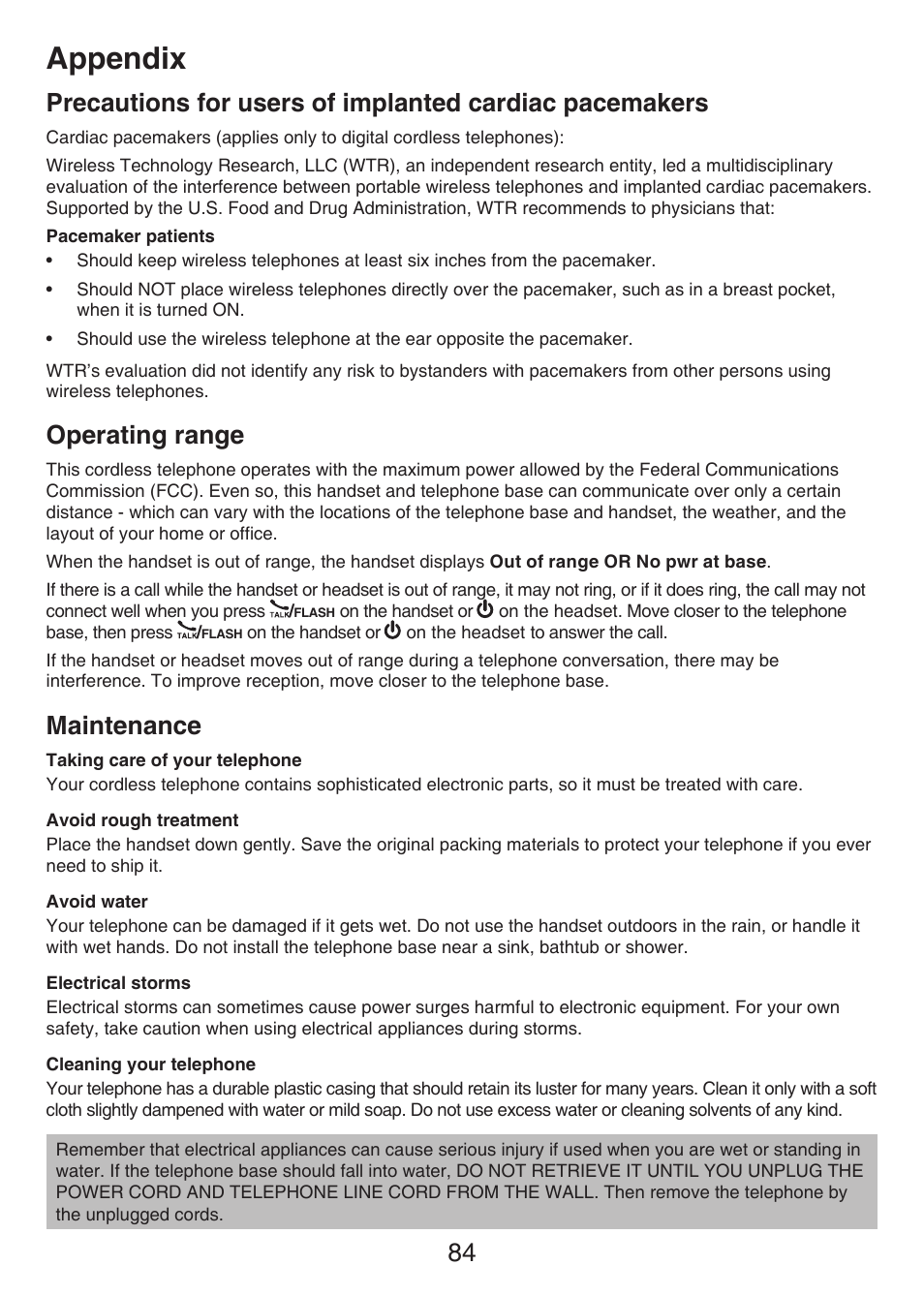 Operating range, Maintenance, Precautions for users of implanted | Cardiac pacemakers, Operating range maintenance, Appendix | VTech LS6476-4 Manual User Manual | Page 88 / 97