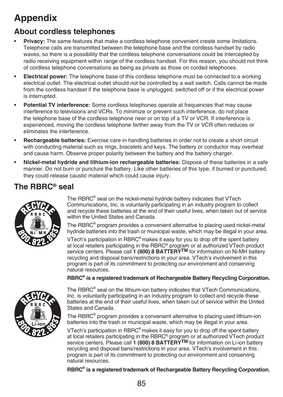 About cordless telephones, The rbrc® seal, About cordless telephones the rbrc | Seal, Appendix, 85 about cordless telephones, The rbrc | VTech LS6476-4 Manual User Manual | Page 89 / 97