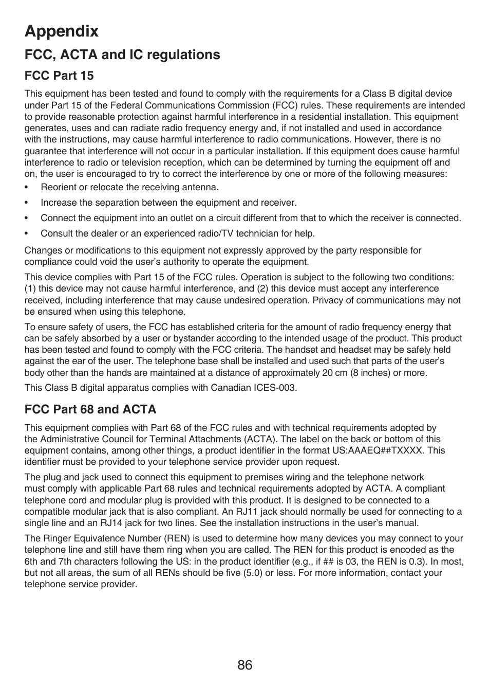 Fcc, acta and ic regulations, Fcc part 15, Fcc part 68 and acta | Appendix, 86 fcc, acta and ic regulations | VTech LS6476-4 Manual User Manual | Page 90 / 97