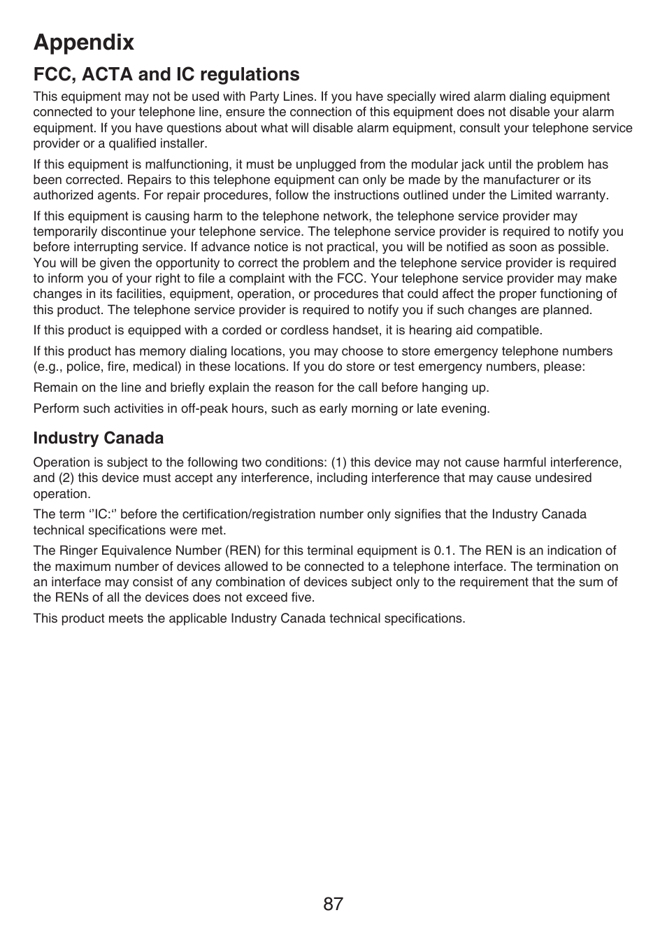 Industry canada, Appendix, Fcc, acta and ic regulations | VTech LS6476-4 Manual User Manual | Page 91 / 97