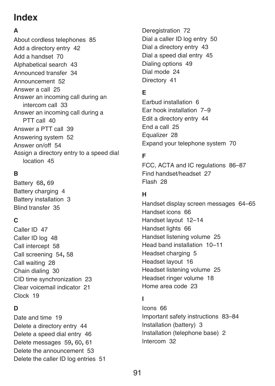 Index | VTech LS6476-4 Manual User Manual | Page 95 / 97