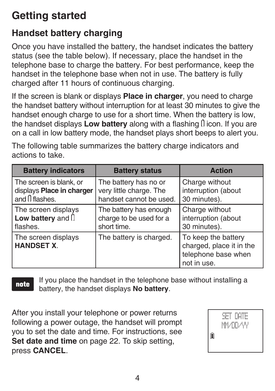 Handset battery charging, Getting started | VTech SN6127_-2 Manual User Manual | Page 10 / 116