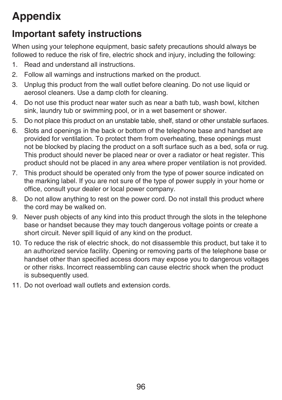 Important safety information, Important safety instructions, Appendix | VTech SN6127_-2 Manual User Manual | Page 102 / 116