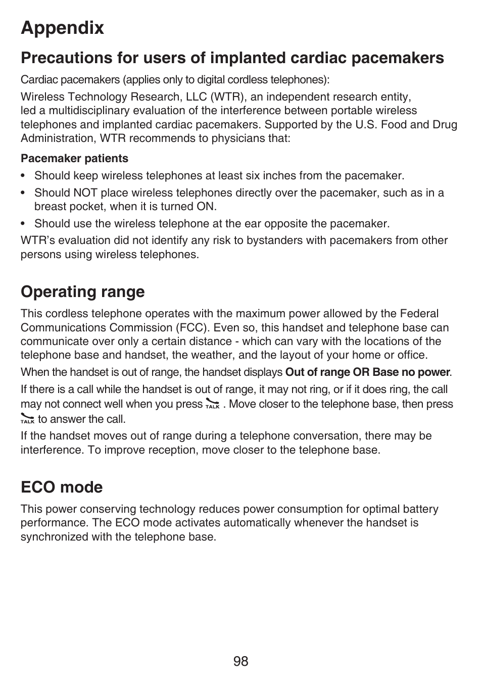 Eco mode, Operating range, Precautions for users of | Implanted cardiac, Pacemakers, Operating range eco mode, Appendix | VTech SN6127_-2 Manual User Manual | Page 104 / 116