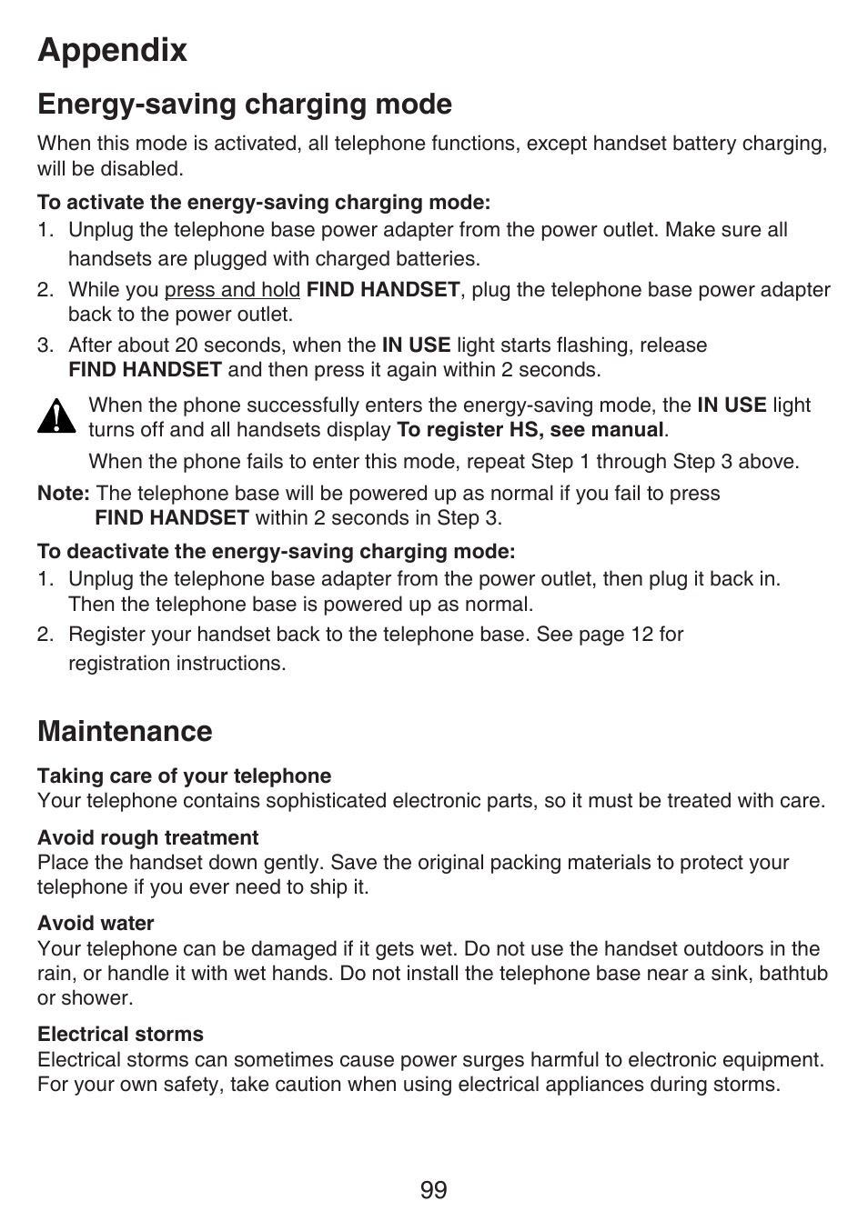 Maintenance, Energy-saving charging mode, Energy-saving charging | Mode, Appendix | VTech SN6127_-2 Manual User Manual | Page 105 / 116