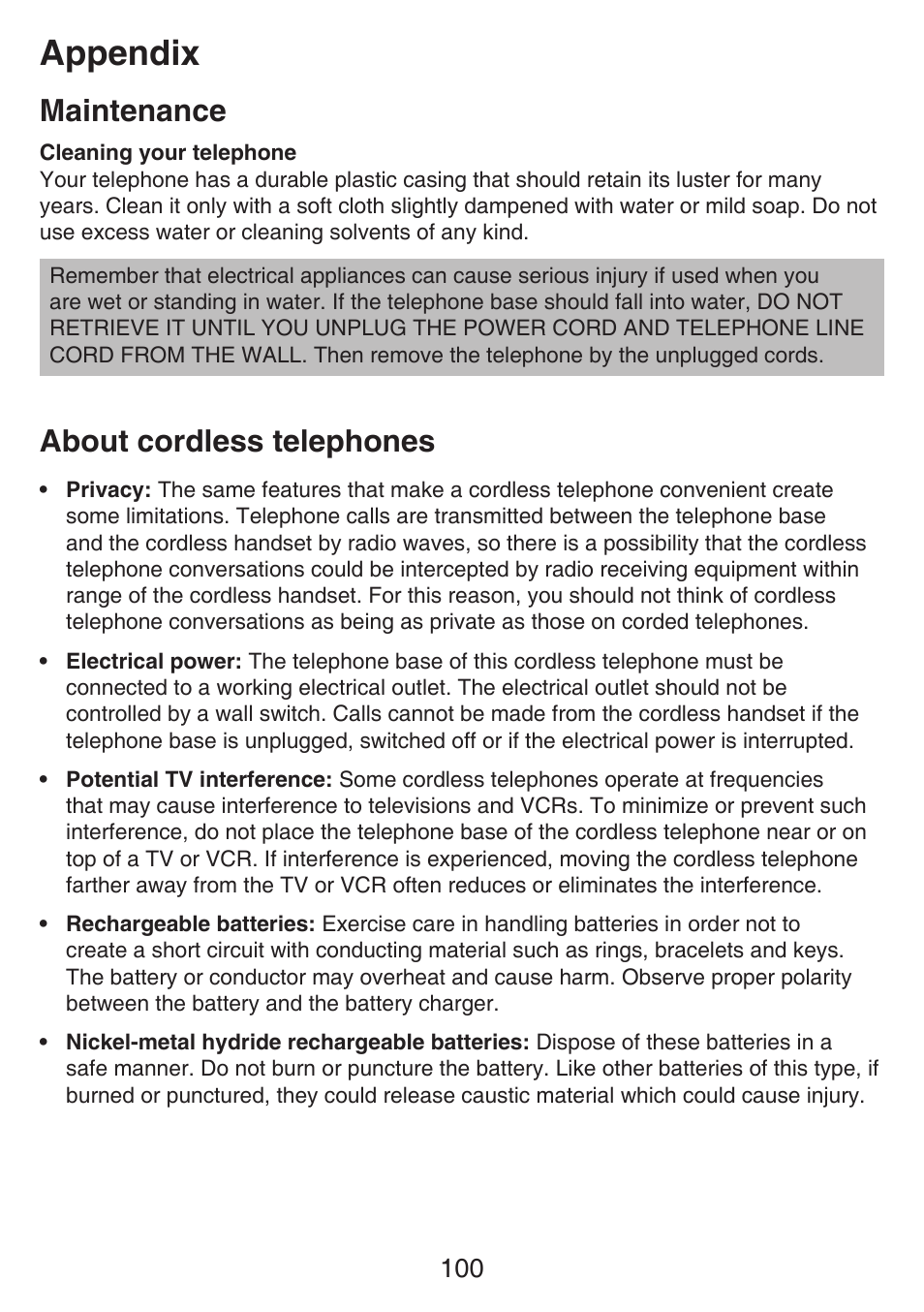 Fcc, acta and ic regulations, Fcc part 15, Fcc part 68 and acta | About cordless telephones, Appendix, Maintenance | VTech SN6127_-2 Manual User Manual | Page 106 / 116