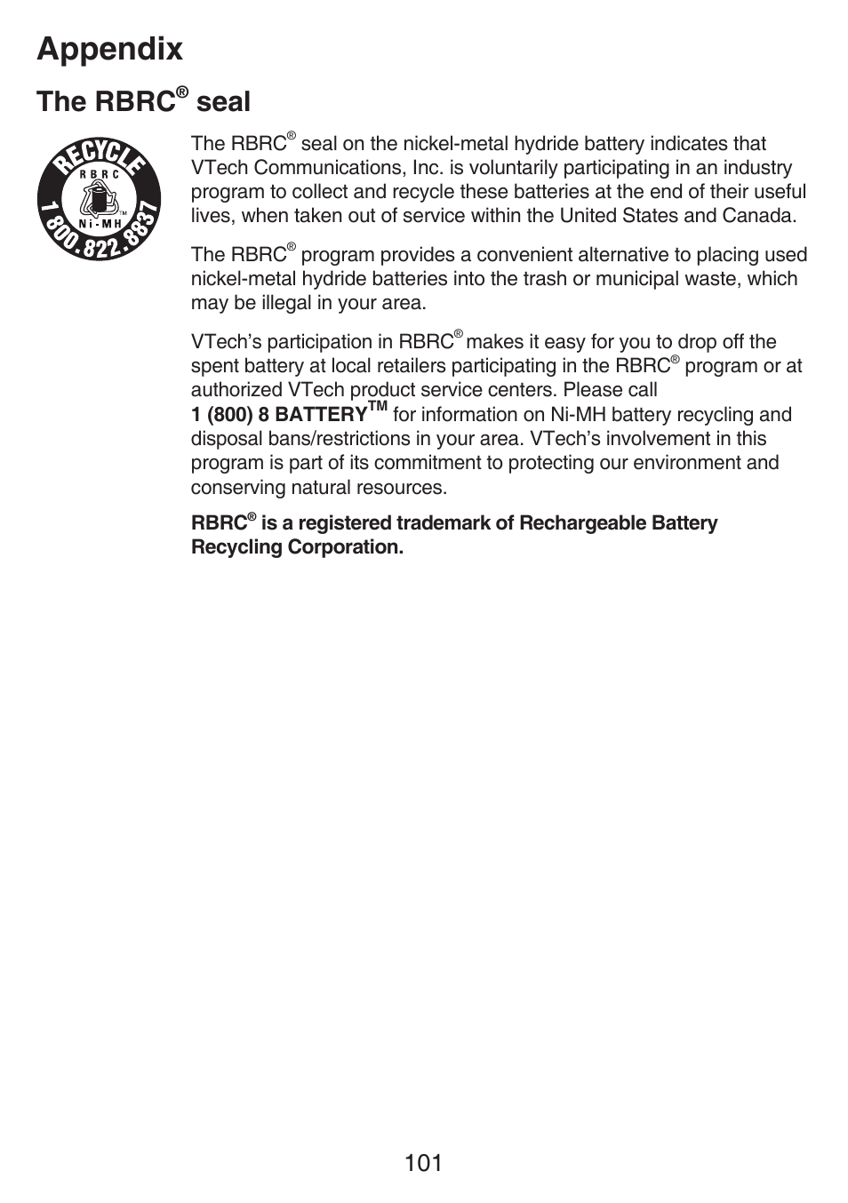 Industry canada, The rbrc® seal, The rbrc | Seal, Appendix | VTech SN6127_-2 Manual User Manual | Page 107 / 116