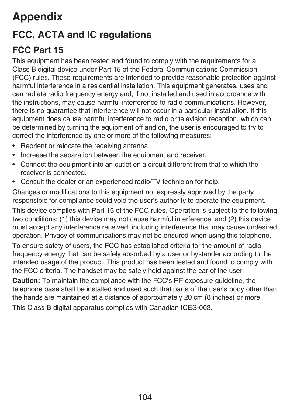 Limited warranty, Fcc, acta and ic regulations, Fcc, acta and ic | Regulations, Appendix, Fcc part 15 | VTech SN6127_-2 Manual User Manual | Page 110 / 116
