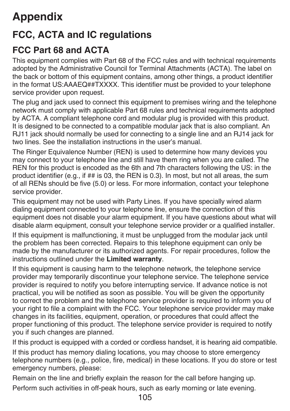 Appendix, Fcc, acta and ic regulations, Fcc part 68 and acta | VTech SN6127_-2 Manual User Manual | Page 111 / 116