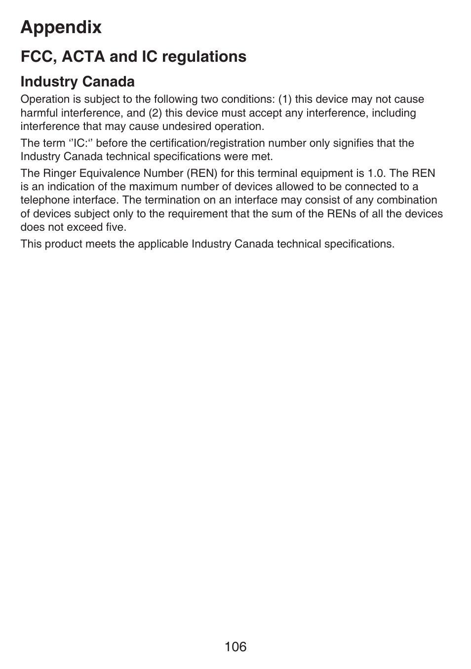 Appendix, Fcc, acta and ic regulations, Industry canada | VTech SN6127_-2 Manual User Manual | Page 112 / 116