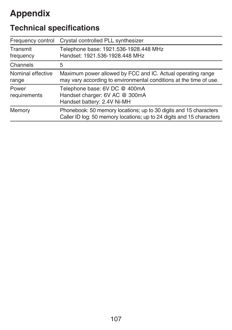 Technical specifications, Appendix | VTech SN6127_-2 Manual User Manual | Page 113 / 116
