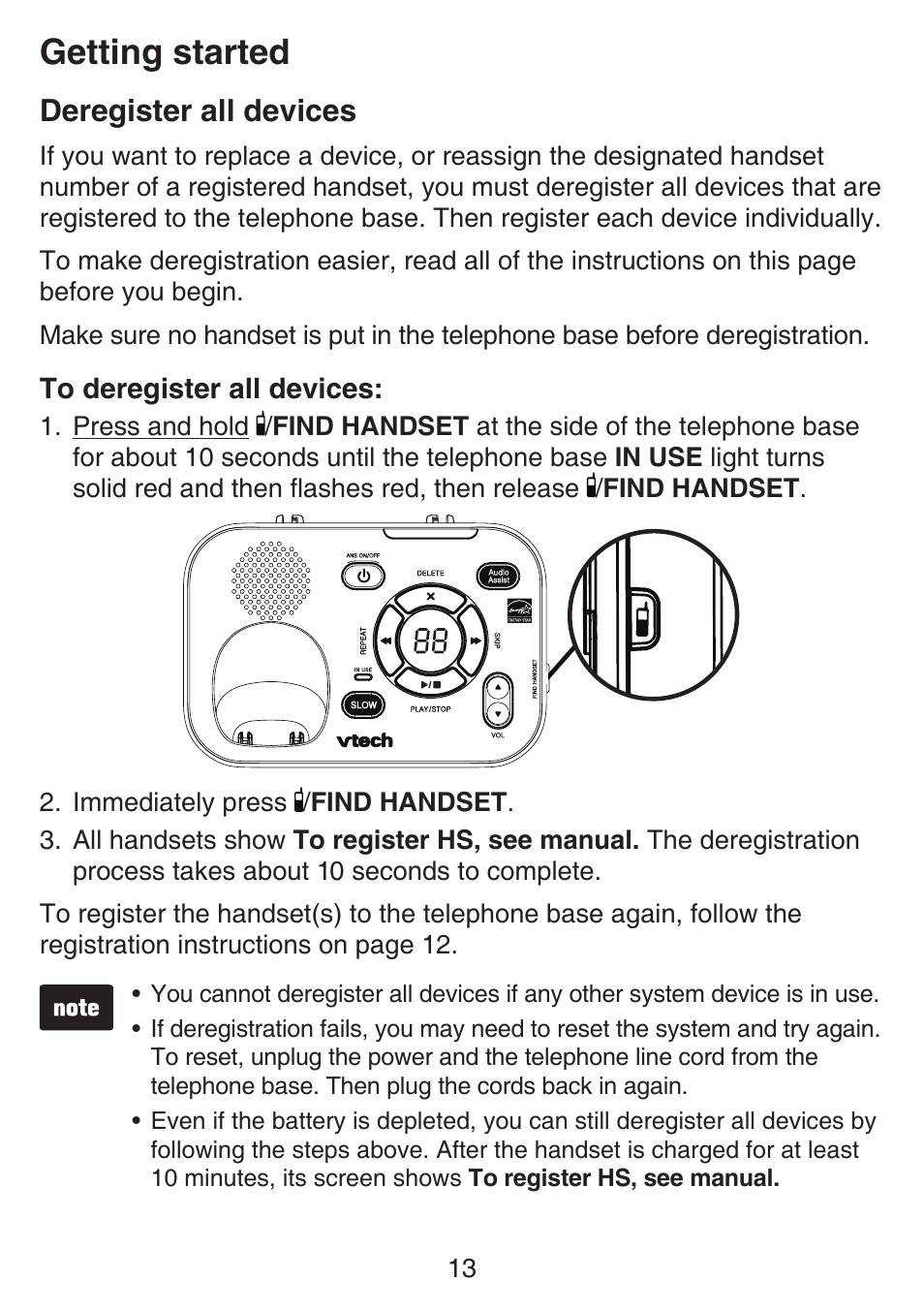 Deregister all devices, Getting started | VTech SN6127_-2 Manual User Manual | Page 19 / 116