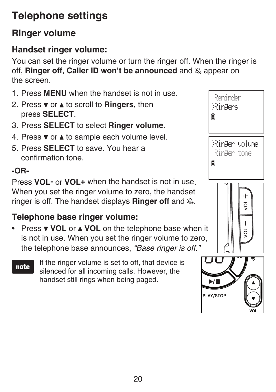 Ringer volume, Telephone settings | VTech SN6127_-2 Manual User Manual | Page 26 / 116