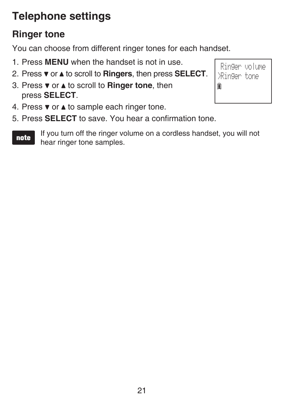 Ringer tone, Telephone settings | VTech SN6127_-2 Manual User Manual | Page 27 / 116