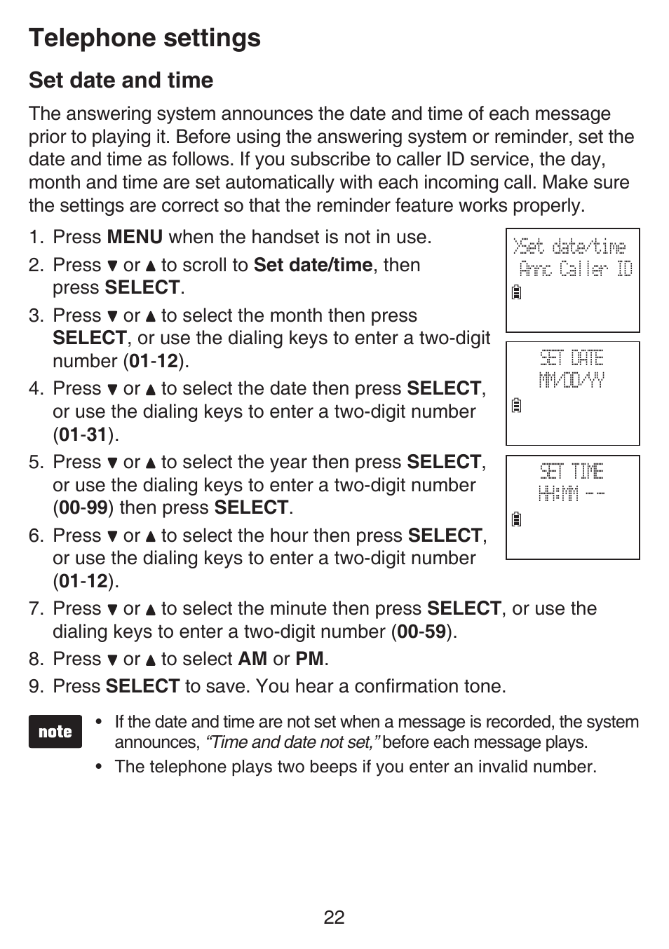 Set date and time, Telephone settings | VTech SN6127_-2 Manual User Manual | Page 28 / 116