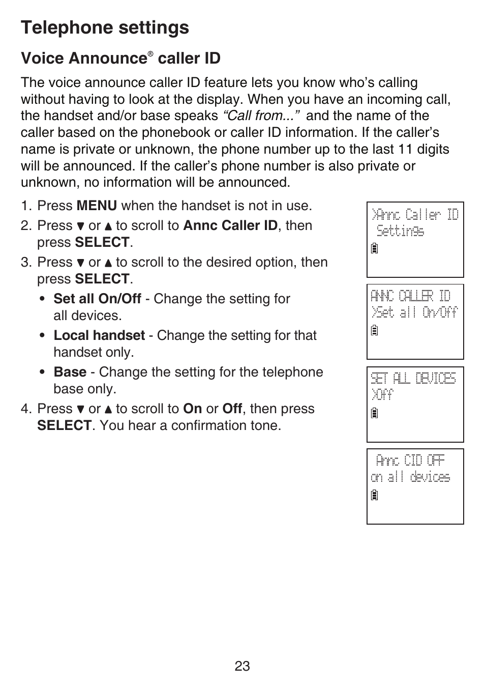 Voice announce￼ caller id, Voice announce caller id, Telephone settings | VTech SN6127_-2 Manual User Manual | Page 29 / 116