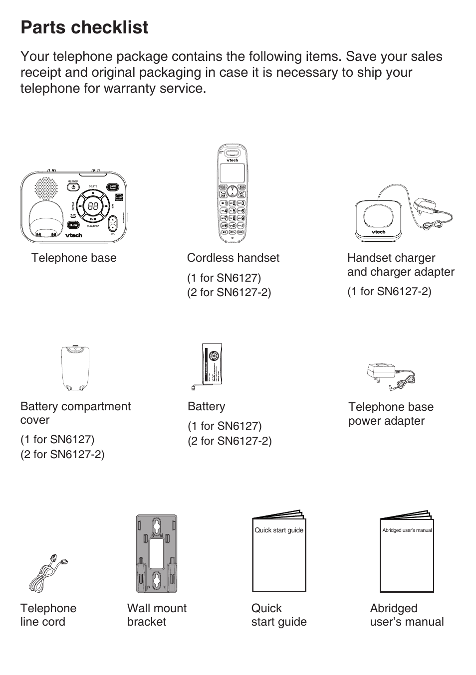 Parts checklist | VTech SN6127_-2 Manual User Manual | Page 3 / 116