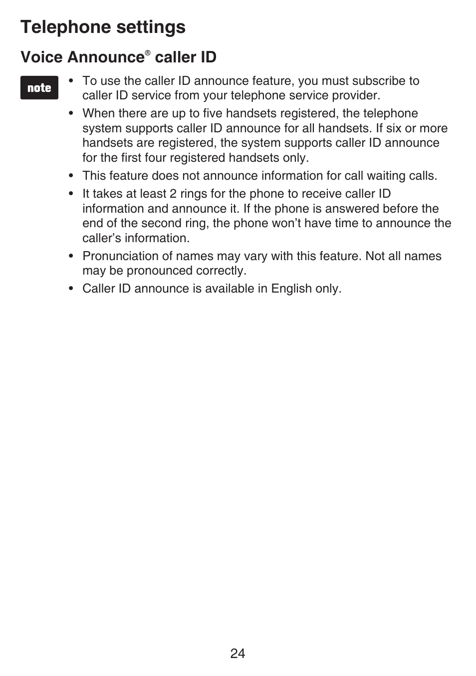 Telephone settings, Voice announce caller id | VTech SN6127_-2 Manual User Manual | Page 30 / 116